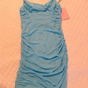 Hello Molly Light Blue Ruched Cowl Neck Mini Dress